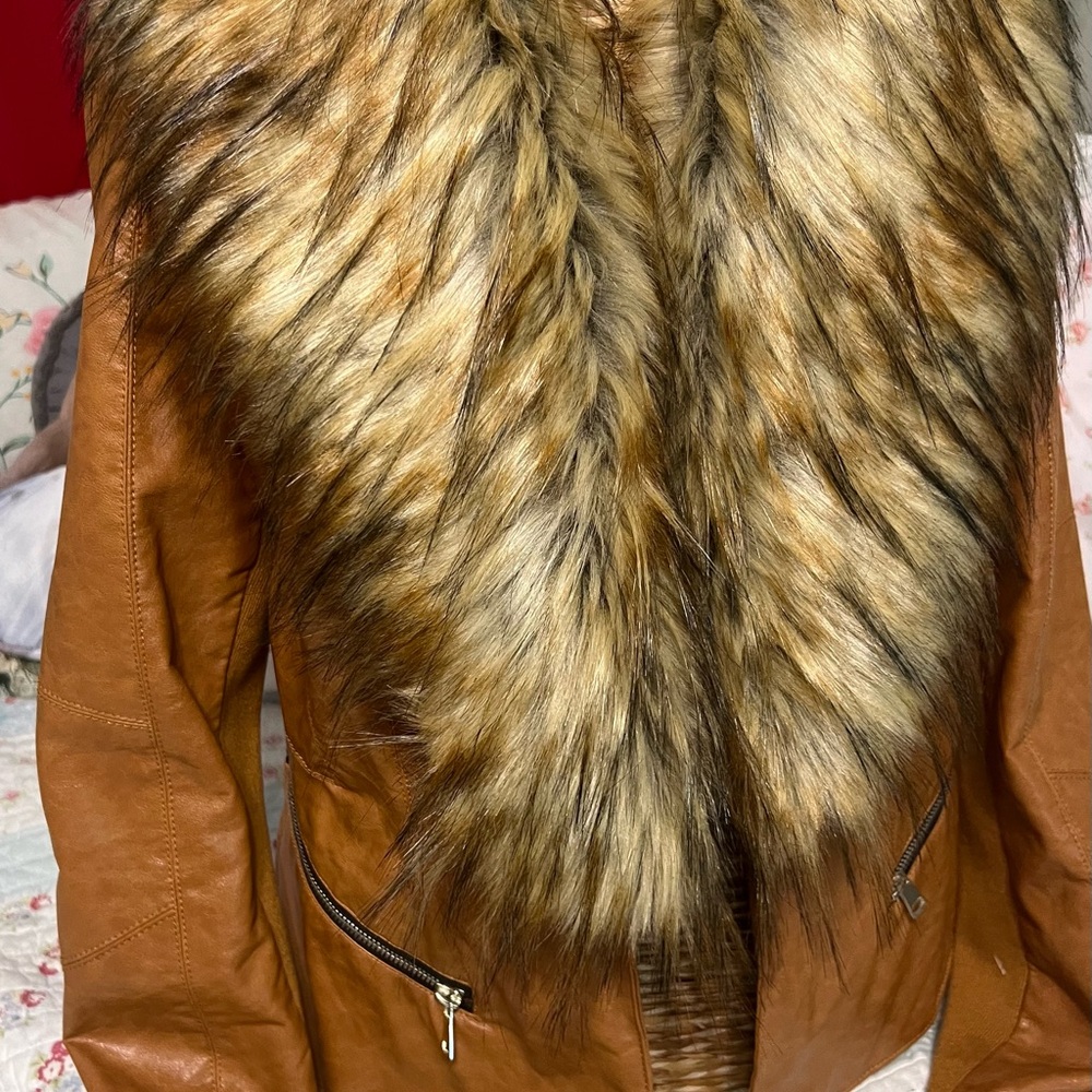Tart Collections Faux Fur Trimmed Brown Faux Leather Jacket Mobwife Glam Style